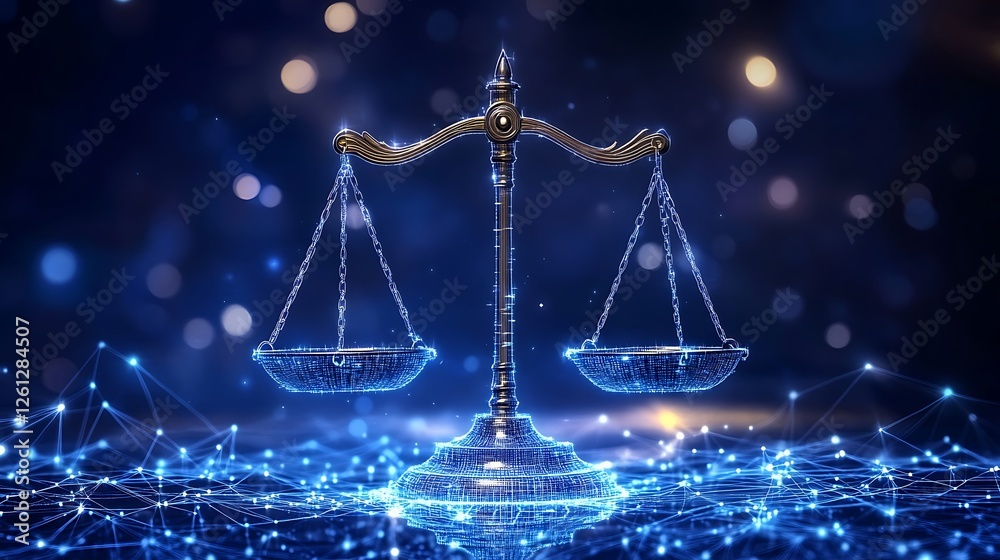 Futuristic Digital Balance Scale Symbolizing Justice, A digital representation of a balance scale with a futuristic Futuristic Digital Balance Scale Symbolizing Justice, A digital representation of a balance scale with a futuristic