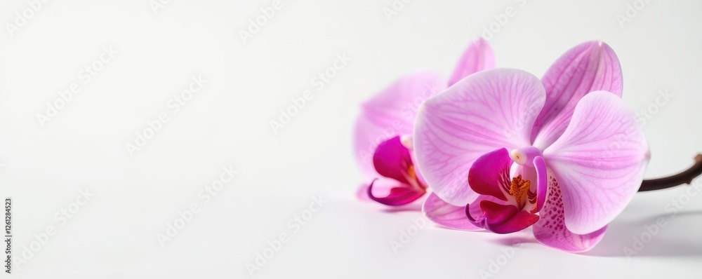 Delicate pink orchid blooms on a pristine white background, showcasing its elegant beauty , floral arrangement, orchids, white background Delicate pink orchid blooms on a pristine white background, showcasing its elegant beauty , floral arrangement, orchids, white background