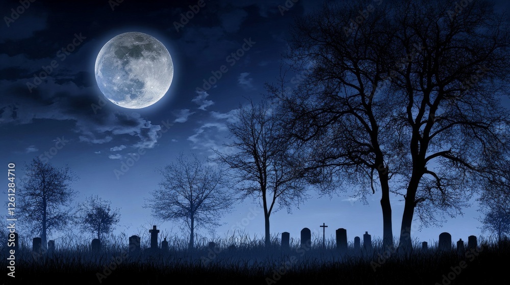 Silhouettes of Trees and Gravestones Under a Full Moon, Cemetery, Nighttime , graveyard, spooky Silhouettes of Trees and Gravestones Under a Full Moon, Cemetery, Nighttime , graveyard, spooky