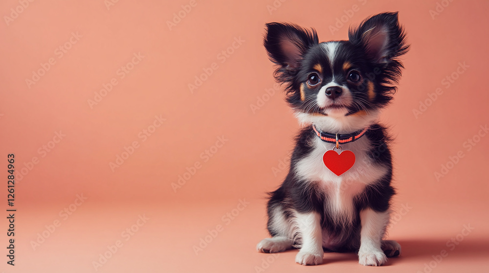 Valentines day happy puppy with heart shape collar sitting on peach background, banner design concept with copy space for text. Valentines day happy puppy with heart shape collar sitting on peach background, banner design concept with copy space for text.