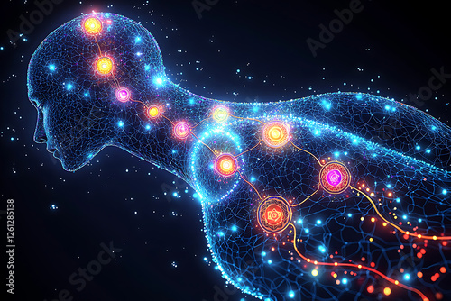 A detailed diagram illustrating the internal network of chakras, vital energy nodes, and energy pathways within the human body