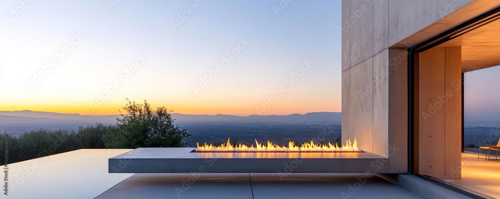 Fototapeta premium Open-air modern fireplace with a sleek, floating concrete hearth and panoramic view