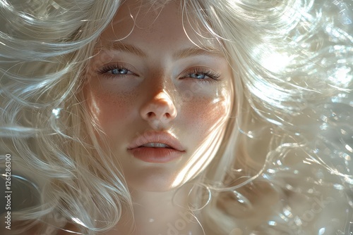 ethereal portrait of flowing platinum blonde hair suspended in zero gravity with prismatic light effects photo