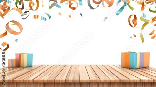 Festive Celebration Background with Gifts - Wooden table with colorful gift boxes and confetti falling, perfect for birthday, party, or celebration themes photo