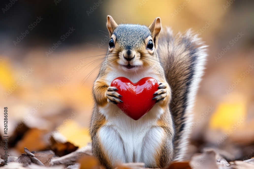 Obraz premium Cute squirrel baby with animal toy red heart on in a natural habitat. Ad campaign animal creative. Squirrel - my cherished animal. Wild lovebirds in nature. Natural heart symbol. Wild love.