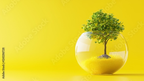 Growing green a bonsai tree in a glass bowl indoor space nature photography minimalist style close-up perspective