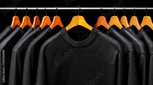 A row of black shirts hanging on a rack of wooden hangers photo