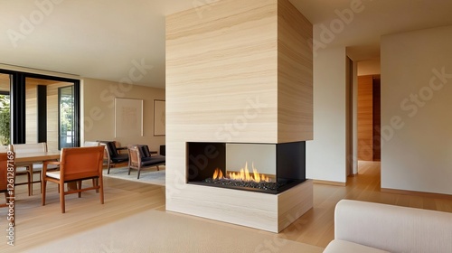 Sleek double-sided fireplace dividing a contemporary open-plan living space