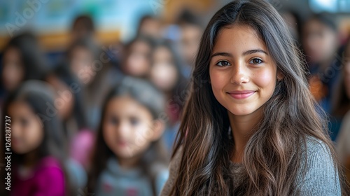 Young Girl Smiles Among a Group of Students in a School Classroom Setting During a Learning Activity