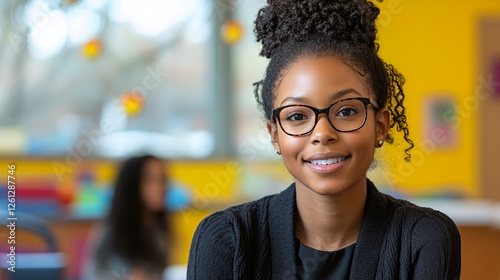 Confident Young Girl Poses for a Portrait in a Colorful Classroom Environment During Daylight photo