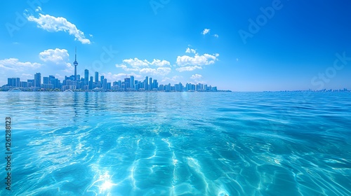 Clear Blue Waters Reflect Toronto's Skyline Under a Bright Sky During a Sunny Afternoon