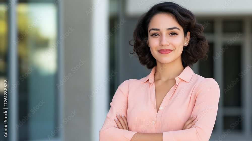 Portrait of young happy smiling Hispanic businesswoman, female company worker or corporate manager, confident business woman entrepreneur looking at camera at work in office. Portrait of young happy smiling Hispanic businesswoman, female company worker or corporate manager, confident business woman entrepreneur looking at camera at work in office.