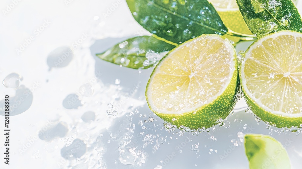 Close-up, fresh lime, half, slices and leaf isolated on white background, Juicy Lime, with clipping path Close-up, fresh lime, half, slices and leaf isolated on white background, Juicy Lime, with clipping path