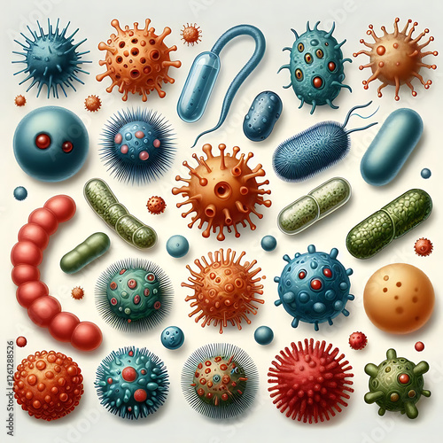 Viruses, germs and bacteria, microorganism types. Illness or disease microscopic cells and infection, microbes and antibodies. Dangerous pathogen, microbiology. Realistic 3d vector illustration
 photo