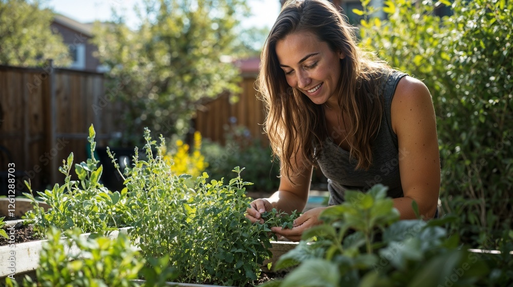 Happy woman harvesting herbs in her sunny garden
Happy woman harvesting herbs in her sunny garden