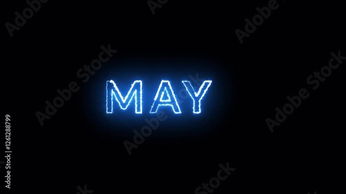 Neon May text animation on black background, May month neon line text concept, May neon looping animation, Blue neon glowing outline.