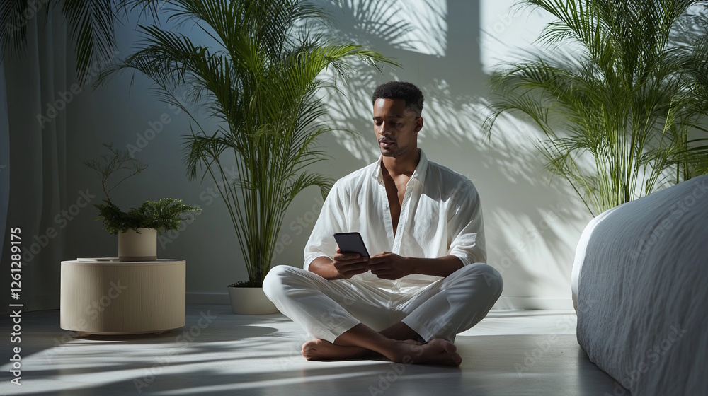 Meditation and mindfulness concept with a multiracial man in a calm modern interior Meditation and mindfulness concept with a multiracial man in a calm modern interior