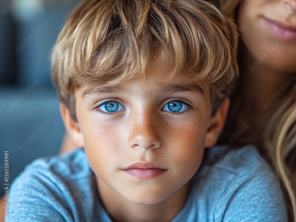 Young Boy With Striking Blue Eyes Gazes Thoughtfully While Seated Indoors With a Woman in a Relaxed Setting Young Boy With Striking Blue Eyes Gazes Thoughtfully While Seated Indoors With a Woman in a Relaxed Setting