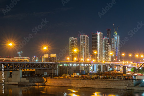 Photography The scyscrapers of the Moscow City at night and the Dorogomilovsky bridge with illumination