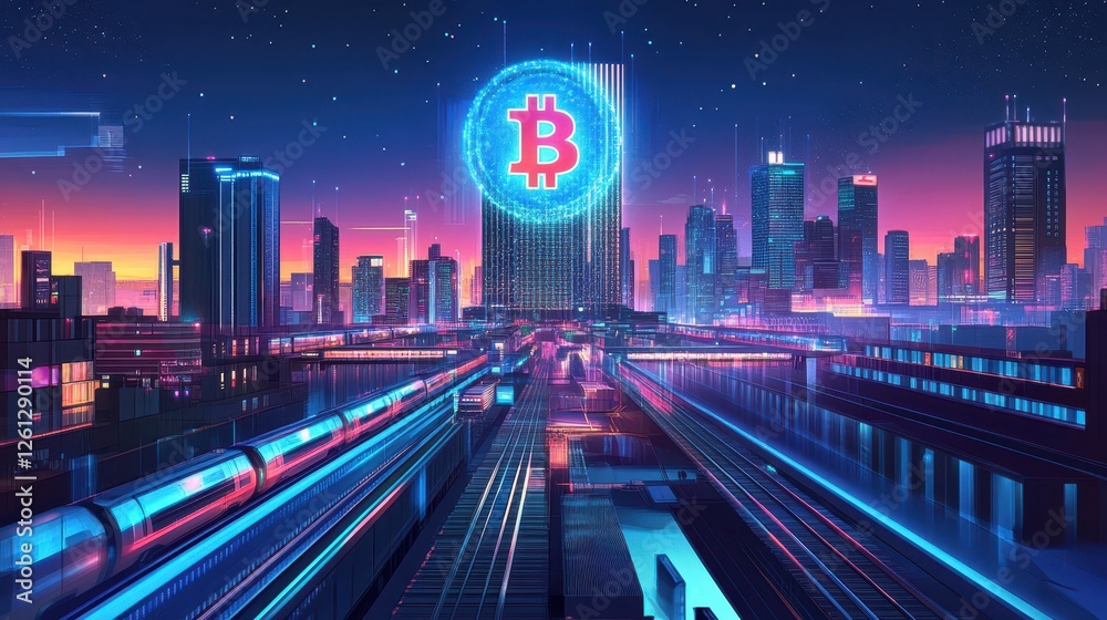 Obraz premium A futuristic skyline with digital ATMs and floating Bitcoin light