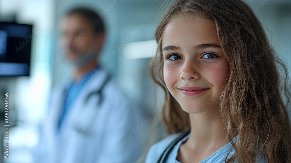Smiling Girl in a Hospital Setting During a Routine Check-Up With a Doctor in the Background Smiling Girl in a Hospital Setting During a Routine Check-Up With a Doctor in the Background