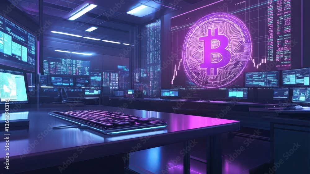 Obraz premium A sleek workspace with real-time cryptocurrency data projections