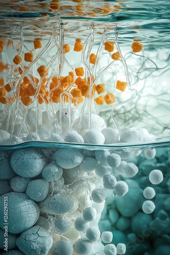 Illustration of zeolite cation exchange for water purification and mineral removal. photo