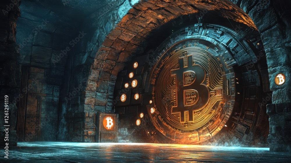 Fototapeta premium Ancient stone walls surround a fortified Bitcoin vault