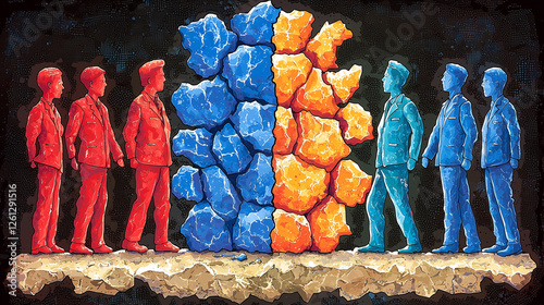 An artistic depiction of two opposing figures separated by a cracked barrier, symbolizing political division, social conflict, ideological differences, and the challenges of unity.
 photo