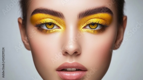 Golden Eye Makeup Look - Glamorous gold eyeshadow, intense gaze, radiant skin, bold brows, perfect makeup application. Symbolizes confidence, luxury, brightness, allure, and artistry photo