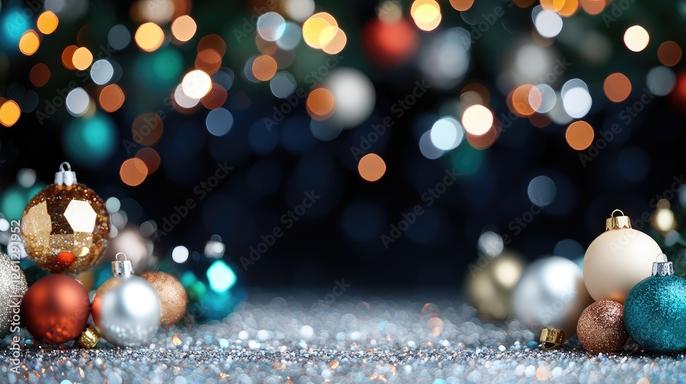 Fototapeta premium Christmas ornaments on glitter background