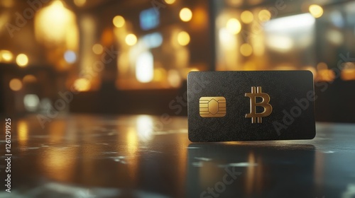 Bitcoin-themed card on a dark oak table in a luxury office
