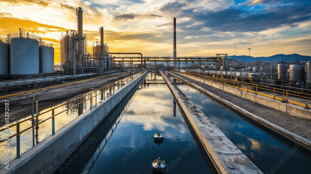 Fototapeta premium Industrial Landscape with Reflections at Sunset in a Factory Area