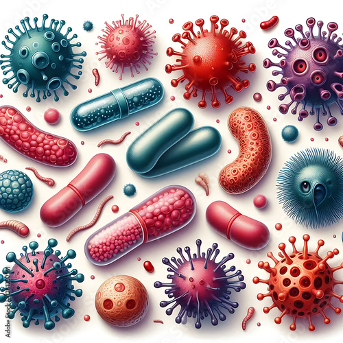 Viruses, germs and bacteria, microorganism types. Illness or disease microscopic cells and infection, microbes and antibodies. Dangerous pathogen, microbiology. Realistic 3d vector illustration
 photo