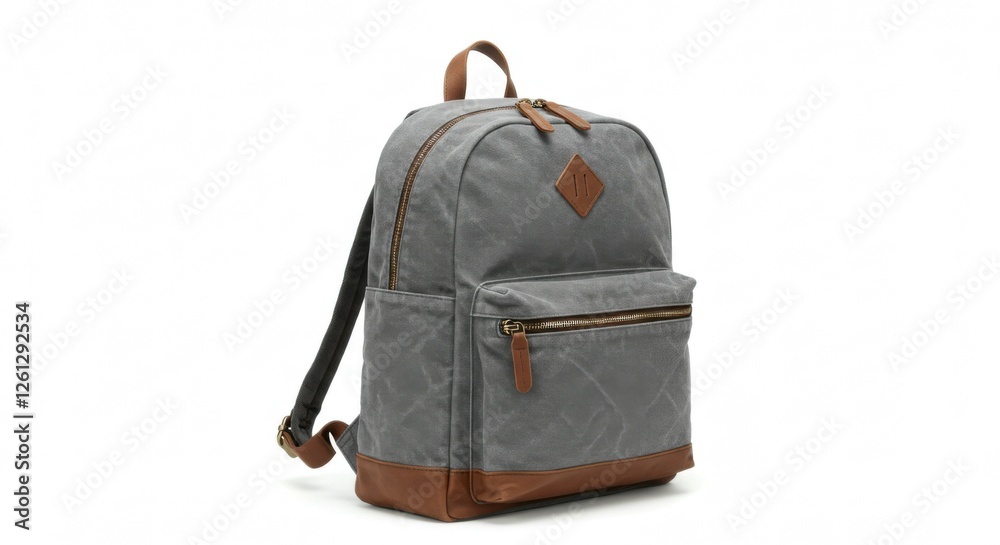 Fototapeta premium A trendy gray fabric backpack with brown leather buckles, displayed on a white backdrop.