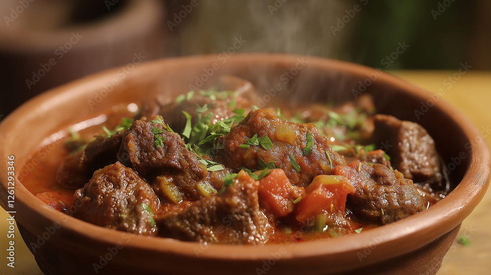 Nigerian Beef Stew In Rustic Bowl With Steaming Tomato Sauce And Fresh Herbs Nigerian Beef Stew In Rustic Bowl With Steaming Tomato Sauce And Fresh Herbs