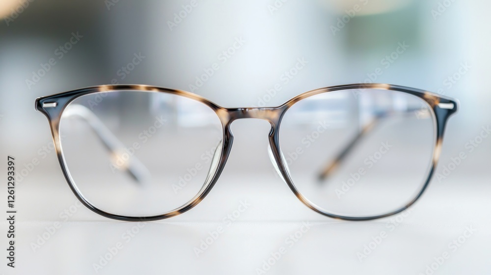 Eyeglasses on table, blurred background, optical store Eyeglasses on table, blurred background, optical store