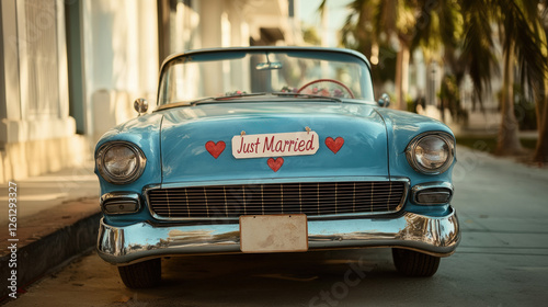 Vintage car decorated for a wedding celebration on a sunny street