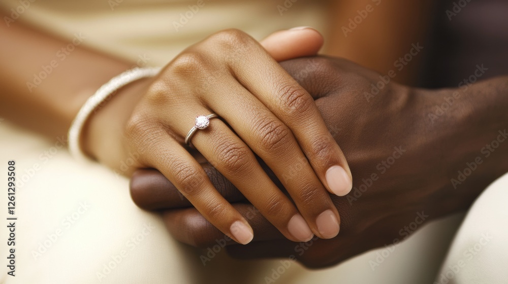 Hands clasped together showcasing an elegant engagement ring Hands clasped together showcasing an elegant engagement ring