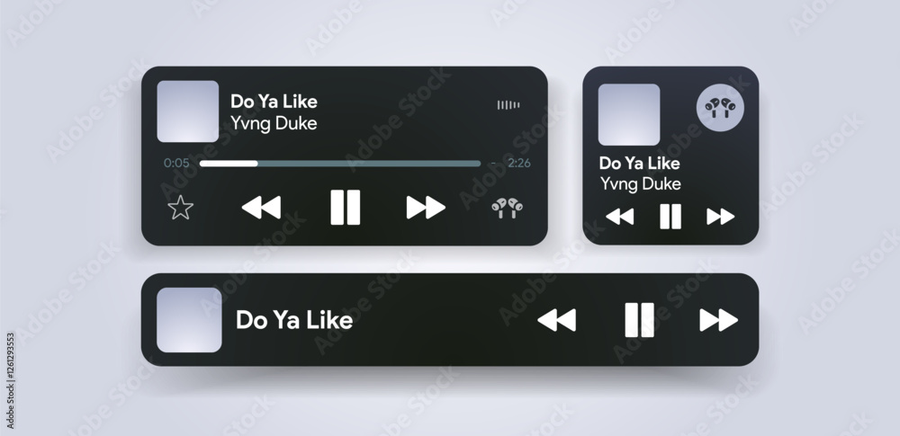 Responsive mobile music player interface. Podcast turntable template. Audio streaming service layout. Profile, Album, Song, Singer, blog mockup. Apple music, deezer spotify screen. Vector illustration