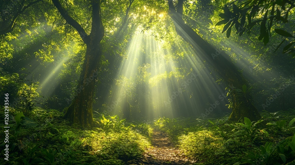 Naklejka premium Sunlight Filtering Through Trees in Lush Green Forest Landscape