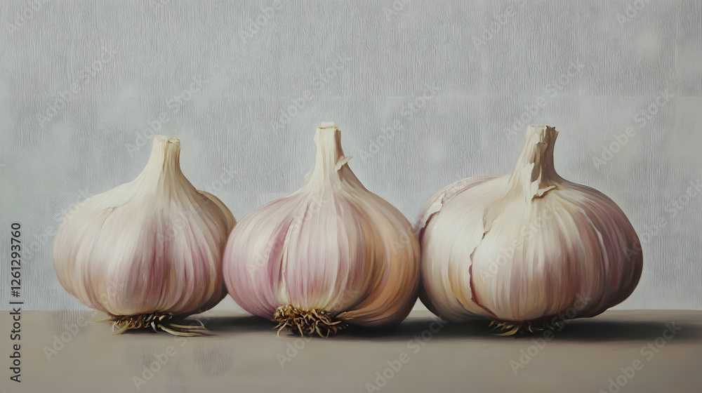 Obraz premium Garlic, a realistic oil painting with soft and natural lighting