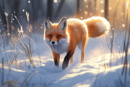 Red fox winter woodland sunset snow