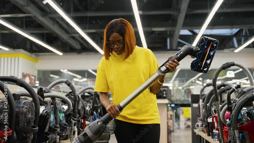African American woman choosing a vacuum cleaner on sale