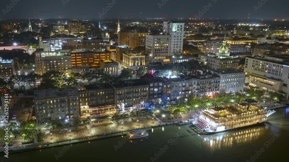Panoramic timelapse with Savannah Riverboat sailing near River Street with old historical architecture in Savannah, Georgia. Southern American architecture at night Panoramic timelapse with Savannah Riverboat sailing near River Street with old historical architecture in Savannah, Georgia. Southern American architecture at night