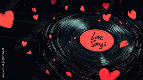 Spinning vinyl record featuring love songs with floating hearts