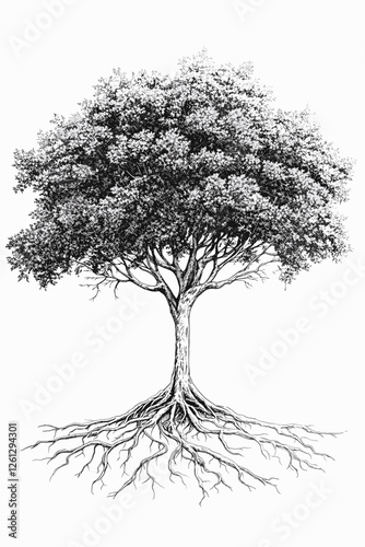Architectural Drawings, Minimal style cad tree with roots line drawing, Side view, of graphics trees root elements outline symbol for landscape design drawing. Vector illustration