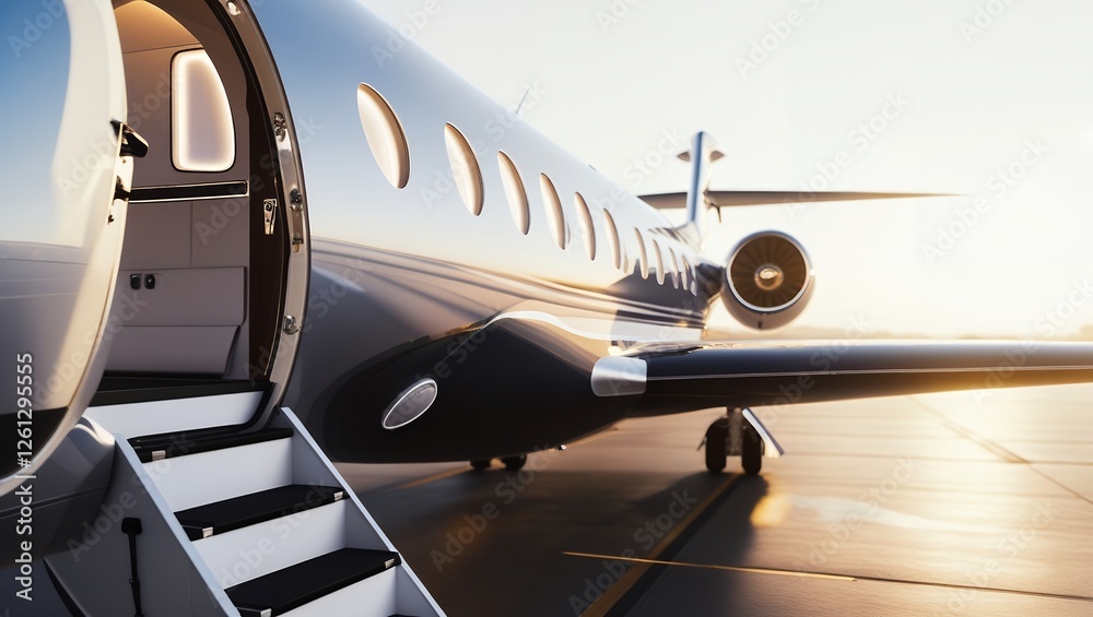 Fototapeta premium Sleek, Modern Private Jet on Airport Tarmac at Sunset, Reflecting Warm Hues with Polished Metallic Surface, Open Door, and Inviting Atmosphere – Luxury and Sophistication in the Air