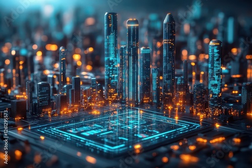 futuristic banking concept with holographic displays showing market data floating above sleek metallic architectural model cool blue ambient lighting