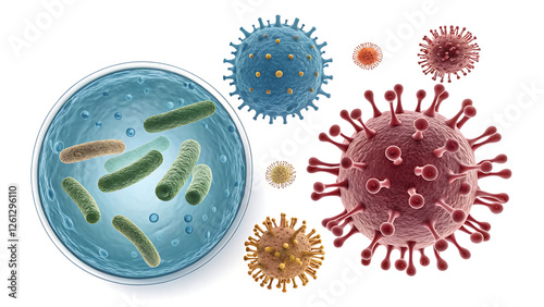 Viruses, germs and bacteria, microorganism types. Illness or disease microscopic cells and infection, microbes and antibodies. Dangerous pathogen, microbiology. Realistic 3d vector illustration
 photo